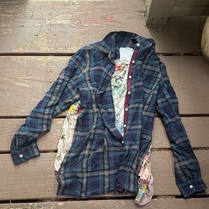 Johnny Was Blue Plaid Shirt with Floral Accents